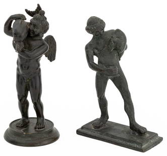 Continental Nude Male Figure Patinated Bronzes, 2: Two Continental Nude Male Figure Patinated Bronze Figurines, one a cherub holding a dolphin atop a circular base, probably French, and one a standing nude boy atop a rectangular base, probably