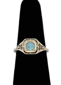 Art Deco 18K White Gold Blue Topaz Filigree Ring