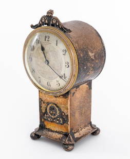 F. C. Richards Silver Plate Table Clock: F. C. Richards Silver Plate Table Clock, marked "F.C. Richards / Birmingham" to dial and "Made in France" to reverse, the base with ribbon and laurel wreath motif above four bun feet. 8" H x 4" W x
