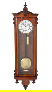 Viennese Walnut Single Weight Regulator: Viennese Walnut Single Weight Regulator, late 19th century, with a circular white enamel dial, single weight and pendulum. 47.5" H x 12.5" W x 6" D. Keywords: Wall clock, Timepiece, Time Keeping, Horo