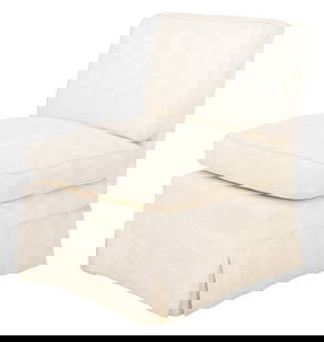 Art Deco Style White Upholstered Slipper Chair: Art Deco Style White Cotton Upholstered Slipper Chair, with checkered pattern. 25.25" H x 21.25" W x 25" D; seat: 17" H. Provenance: From a Fifth Avenue Collection. Keywords: Vintage Furniture,
