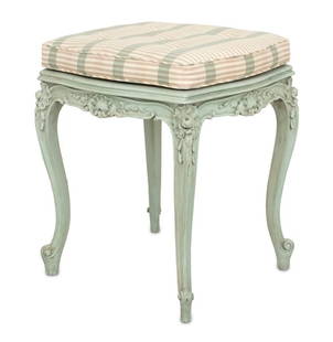 Louis XV Style Blue Painted Upholstered Foot Stool: Louis XV Style Pale Blue Paint-Decorated and Upholstered Foot Stool, with white and blue striped cushion. 19.5" H x 17.5" W x 15" D. Provenance: From a Central Park West Estate. Keywords: French