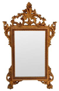 Baroque Style Gilt Composition Mirror: Baroque Style Gilt Composition Mirror. Mirror plate: 30.5" H x 19.75; frame: 57" H x 35" W. Provenance: From a New York City Collection. Keywords: Looking glass, Vanity, Picture Frame Mirror,