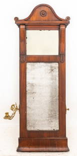 American Neoclassical Mahogany Mirror, 19th C.: American Neoclassical Mahogany Mirror, 19th century, one metal candlestick to one side. 46.5" H x 17.5" W x 2.25" D. Provenance: From a New York City Collection. Keywords: Girandole, Looking glass, Va
