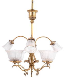 Victorian Gilt Brass Eight-Arm Chandelier: Victorian Gilt Brass Eight-Arm Two-Tier Chandelier, late 19th century, with tapering torch-form column issuing four arched arms, with four scrolled arms with Eagle's head masks attached below, each wi