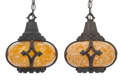 Gothic Revival Iron Mottled Glass Hall Lanterns, 2