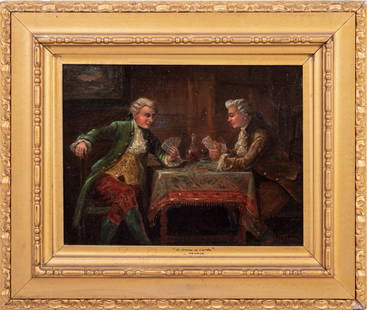 Lionel Pierce "A Game of Cards" Oil on Canvas: Lionel Pierce (American, XIX-XX) "A Game of Cards", Oil on Canvas, early 20th century, signed lower right, giltwood frame. Image: 12" H x 16.5" W; frame: 20.5" H x 24" W. Keywords: Painting, Oil