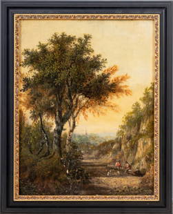 English School Landscape Oil on Panel, 18th C.: English School, Landscape Scene with Figures, Oil on Oak Panel, 18th century, figures resting on a log with a dog, with a village beyond, unsigned, ebonized wood frame. Image: 17.5" H x 13.75" W; fram