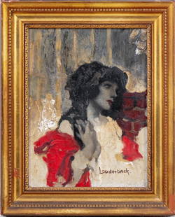 Walter Louderback Portrait of Woman Oil on Canvas: Walter Louderback (American, 1887-1941), Portrait of a Woman Wearing a Red Drape, Oil on Canvas, signed lower right, giltwood frame. Image: 11.75" H x 8.5" W; frame: 15.5" H x 12.75" W. Keywords: Pain