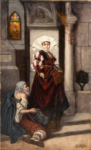 H. Richter Charity Oil on Canvas, 19th C.: H. Richter (XIX), Charity, Oil on Canvas, 19th century, depicting a woman giving change to an invalid inside a church, illegibly signed lower right, unframed. 32.5" H x 19.75" W. Keywords: Painting,