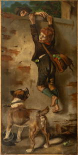 After Toby Edward Rosenthal "The Apple Thief" Oil: After Toby Edward Rosenthal (American, 1848-1917), "The Apple Thief", Oil on Canvas, depicting a man helping a boy over a garden wall, fleeing from guard dog, signed "J. Deilman" lower right,