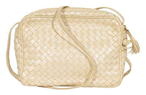 Bottega Veneta Woven Pearl Leather Crossbody Bag: Bottega Veneta Woven Pearl White Leather Crossbody Bag, with gold-tone hardware, front zipper pocket, and top zipper opening to one zipper pocket, "Bottega Veneta" plaque and "Bottega Veneta" label, b