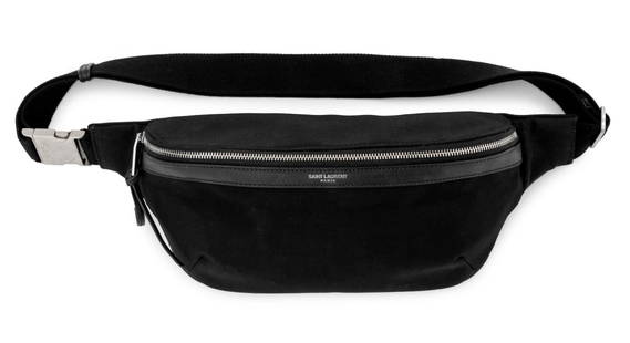 Saint Laurent Nylon Crossbody Belt Bag: Saint Laurent Black Nylon Leather Trim Crossbody Belt Bag, with silver-tone hardware, adjustable strap, front zipper opening to sleeve pocket and credit card slots, and back zipper pocket, marked "Sai