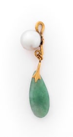 14K Yellow Gold Cultured Pearl Jade Pendant