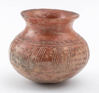 Pre-Columbian Incised Redware Vessel: Pre-Columbian Incised Redware Vessel, with geometric decoration and a flaring lip. 5.25" H x 6" Diameter. Provenance: From a New York City Collection. Keywords: Mesoamerican Art, Vase, Storage jar, Po