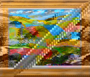 Illegibly Signed Tuscany Landscape Acrylic: Contemporary School, Tuscan Landscape Scene, Acrylic on Canvas, illegibly signed lower right, giltwood frame. Image: 19.5" H x 24" W; frame: 25.75" H x 29.75" W. Provenance: From a New York City Corpo