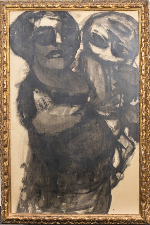 Sarai Sherman Mother and Child Ink Wash on Paper: Sarai Sherman (American, 1922-2013), Mother and Child, Ink and Ink Wash on Paper, signed lower right, giltwood frame. Image: 34.75" H x 22.75" W; frame: 38.75" H x 26.5" W x 1.5" D. Provenance: From a