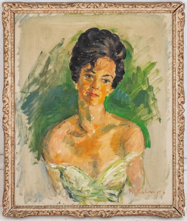 Reinholds Kalnins Portrait of a Lady Oil on Canvas: Reinholds Kalnins (Estonian/French, 1897-1968), Portrait of a New York Lady, Oil on Canvas, circa 1965, signed "R. Kalnins" lower right, depicting a lady in formal attire, the stretcher with indistinc