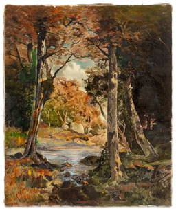 American School Forest Stream Oil on Canvas, 1930: American School, Forest Stream, Oil on Canvas, 1930, illegibly monogrammed "ECK (?)" and dated lower left, unframed. 24" H x 20" W. Keywords: Painting, Oil painting, Works on Canvas, Landscape scene,