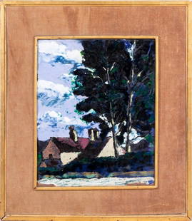 E Mergier Landscape Enamel on Copper, 1952: E. Mergier (XX), Landscape Scene, Enamel on Copper, 1952, signed and dated lower right, giltwood frame. Image: 15.75" H x 12.5" W; frame: 23.75" H x 20.5" W. Keywords: Painting, Wall-hanging, Village