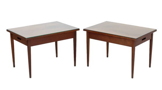 Danish Modern Style Side Tables, Pair: Pair of Danish Mid-Century Modern Style Side Tables, each with glass top above pull out drawer atop tapered legs. 20.5" H x 21" W x 21" D. Provenance: From a Fifth Avenue Estate. Keywords: Furniture,