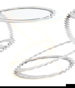 Modern Interlocking Ring Steel & Glass Lamp Table: Modern Interlocking Ring Steel Glass Top Lamp Table, Interlude Home label to underside. 22" H x 19.75" W x 12" D. Provenance: From an Upper East Side Collection. Keywords: Modern Furniture, Metalwork,