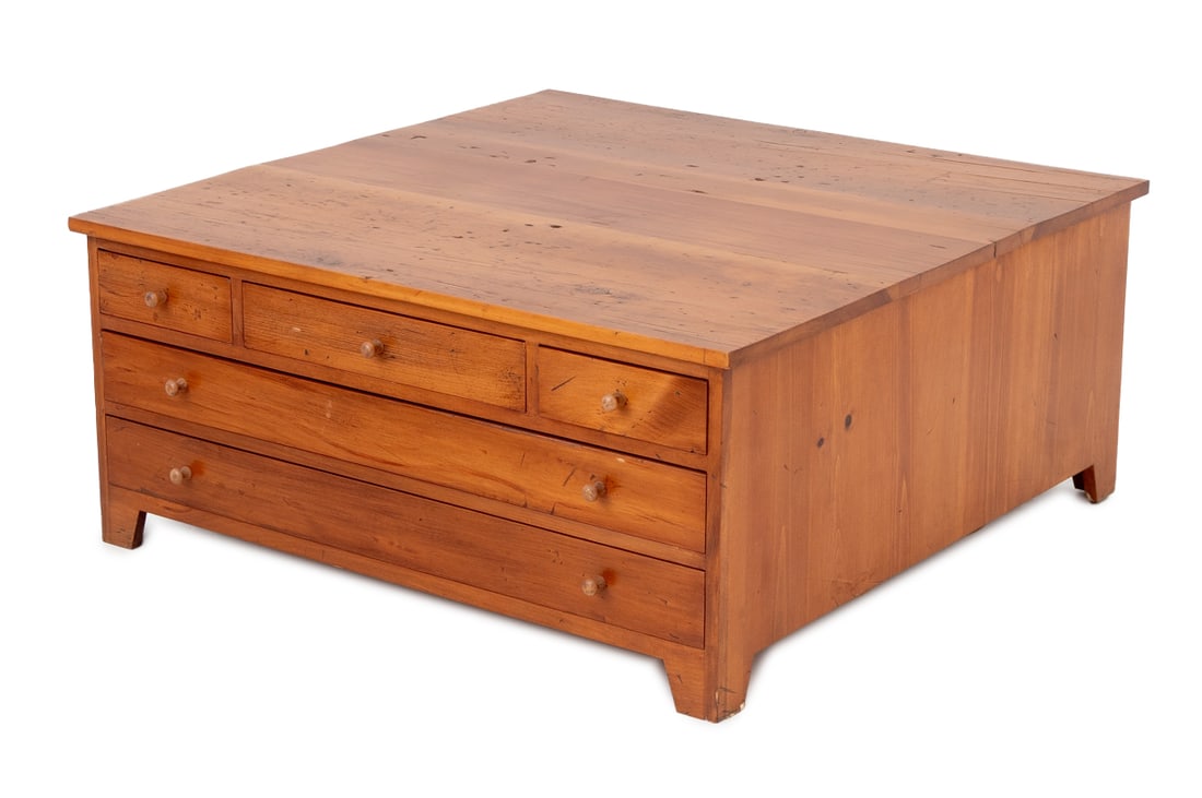 Country Style Pine Wood Flat File Coffee Table: Country Style Pine Wood Flat File Coffee Table, 20th century, three short drawers over two long drawers on one side. 18.5" H x 41.5" W x 41.25" D. Provenance: From the 50 East 89th Street estate of a
