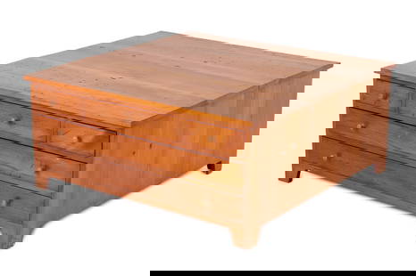 Country Style Pine Wood Flat File Coffee Table: Country Style Pine Wood Flat File Coffee Table, 20th century, three short drawers over two long drawers on one side. 18.5" H x 41.5" W x 41.25" D. Provenance: From the 50 East 89th Street estate of a