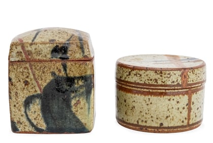 Polychrome Glazed Stoneware Covered Jars, 2