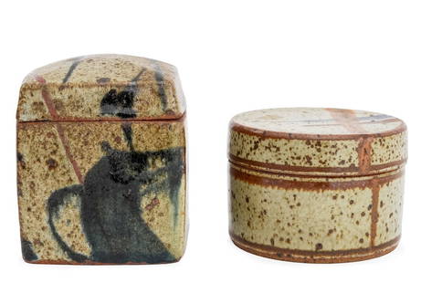 Polychrome Glazed Stoneware Covered Jars, 2: Group of Two Polychrome Glazed Stoneware Covered Jars, one square and one circular, each speckle glazed with polychrome stripes, square marked to underside with Japanese script. Larger: 4.25" H x