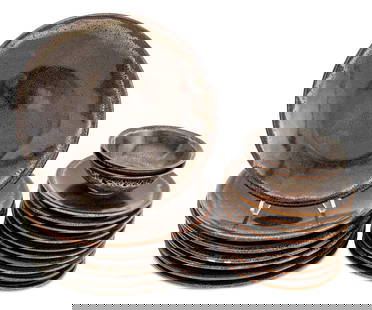 Chinese Yao Bian Glaze Ceramic Dinner Service, 19: Chinese Yao Bian Glaze Ceramic Dinnerware Partial Service, each marked to underside with four character mark in square cartouche, comprising: two (2) bowls, ten (10) appetizer plates, seven (7) large