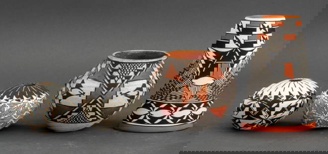 Acoma Pueblo Polychrome Pottery Vases, 4: Four Acoma Pueblo Polychrome Pottery Vases, each signed to underside, two "T. Kie" and one "V. Seymour". Tallest: 5.5" H x 3.75" W x 1.75" D. Provenance: From the Kew Gardens estate of L. L., a