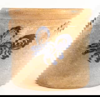 American Salt-Glazed Cobalt Stoneware Crock: American Salt-Glazed Cobalt Blue Stoneware Crock, 19th century, with scrolling foliate design to face. 7.75" H x 8.5" Diameter. Provenance: From the Kew Gardens estate of L. L., a holocaust survivor,