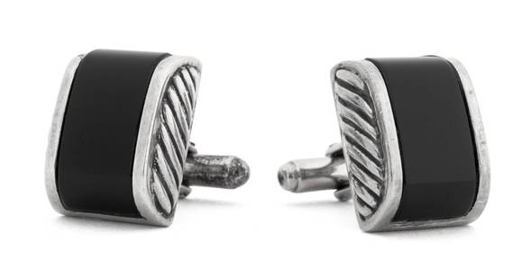 David Yurman Sterling Silver Onyx Cufflinks: Pair of David Yurman Sterling Silver Onyx Rectangular Cufflinks, marked: "(c) D.Y. / 925" with obscured mark. Cufflinks measure: 0.75"L x 0.62"W x 1.0"H. Approx: 0.69 ozt. inclusive. Provenance: Prope