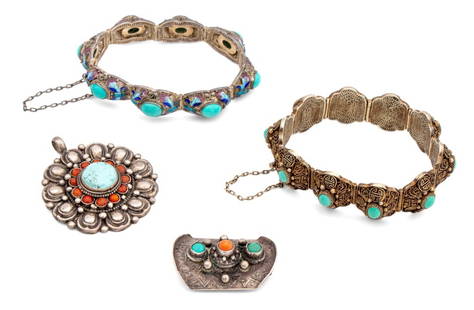 Chinese Silver Jewelry Pieces, 4: Group of Four Chinese Silver Jewelry Pieces, comprising: enamel and turquoise link bracelet, marked "Silver" to clasp, link filigree bracelet with turquoise accents, marked "Silver" to clasp, brooch w