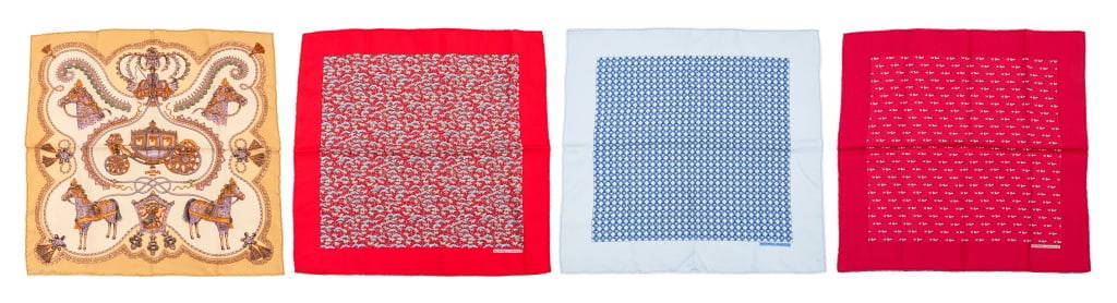 Hermes Silk Pocket Squares, 4: Group of Four Hermes Silk Pocket Squares, comprising: "Grand Apparat Forever", horse-bit pattern in blue, duck pattern in red, and floral patter on bright red ground. Overall in good condition, minor