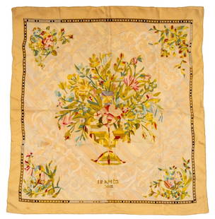 Hermes "Floral Marqueterie" Silk Scarf: Hermes "Floral Marqueterie" Pattern Silk Scarf, on gold ground and geometric border, marked "Hermes / Paris" lower center, with original orange Hermes box. 33.25" L x 35" W. Provenance: From a 50 Cent