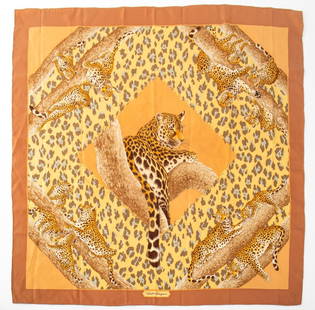 Salvatore Ferragamo Cheetah Print Silk Scarf: Salvatore Ferragamo Cheetah Print Silk Scarf, marked "Salvatore Ferragamo". 33.5" L x 33.5" W. Provenance: From a New York City Collection. Keywords: Fashion, Accessories, Designer, French designer, P