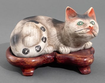 Chinese Bisque Porcelain Recumbent Cat Sculpture