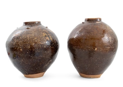 Thai Sawankhalok Glazed Pottery Vases, Pair