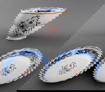 Chinese Wyndham Armorial Crest Porcelain, 3 Pcs.: Collection of Three Pieces of Chinese Armorial Porcelain, 18th century, comprising: one teacup and two dishes, with scalloped rims, each hand-painted with the Wyndham family crest and the cup with Fre