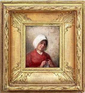 Max Arenz Portrait of a Woman Oil on Panel: Max Arenz (German, b. 1868), Portrait of a Woman Knitting, Oil on Wood Panel, 19th century, signed "M. Arenz" upper right, giltwood frame. Image: 5.25" H x 4.25" W; frame: 11.5" H x 10.5" W. Keywords: