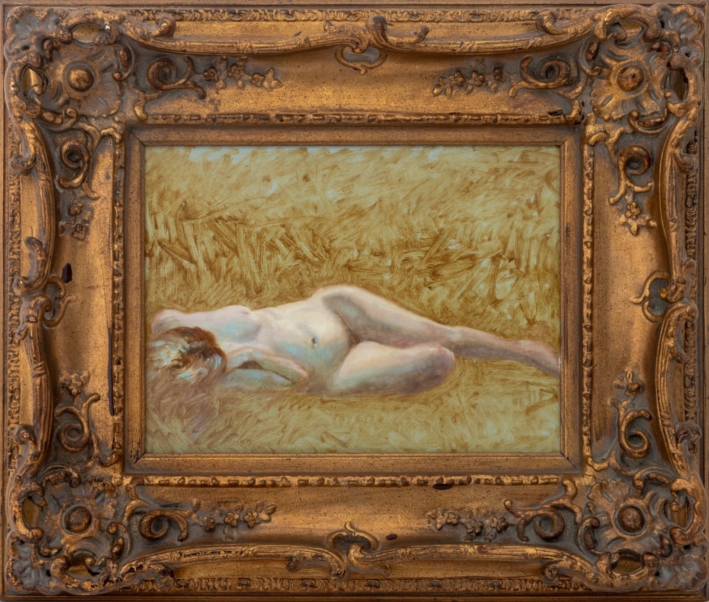 Matthew Robinson Reclining Nude Oil on Board: Matthew Robinson (American, XX-XXI), Reclining Nude Woman, Oil on Wood Board, signed to verso with gallery label, carved giltwood frame. Image: 11.25" H x 15.25" W; frame: 22.5" H x 26.5" W. Provenanc