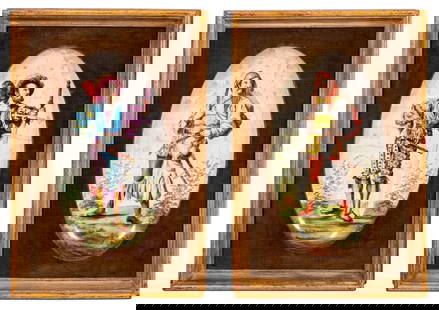 H. Boulenger & Cie Majolica Oval Plaques, Pair: Pair of H. Boulenger & Cie Majolica Oval Plaques, late 19th century, each depicting 17th century soldiers in colorful costumes, both initialed "GT" and impressed on the reverse marked "H B & Cie Chois