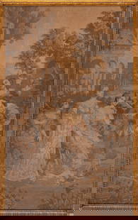 Victorian Courting Scene Tapestry, 19th C.: Victorian Courting Scene Tapestry, 19th century, giltwood frame. Image: 45" H x 27.5" W; frame: 47" H x 30" W. Keywords: Fabric Art, Textile Art, Machine Woven, Aubusson Style, English, Antique, Scree