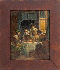 J. Micotta Tavern Scene Oil on Wood Panel
