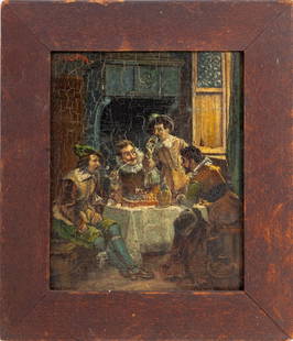 J. Micotta Tavern Scene Oil on Wood Panel: J. Micotta (Italian/German, XIX-XX), Tavern Scene, Oil on Wood Panel, signed upper left, wood frame. Image: 4.5" H x 3.75"W; frame: 6.75" H x 5.75" W. Keywords: Painting, Oil painting, Works on Board,
