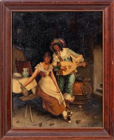 F. Lendig Courting Scene Oil on Panel, 19th C.