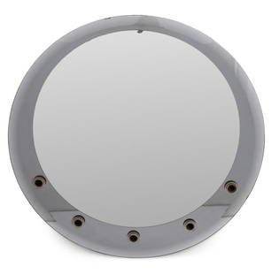 Miami-Carey Hanging Circular Vanity Mirror: Miami-Carey Hanging Circular Vanity Mirror, clear mirror over smoked glass mirror, with five light sockets. Provenance: From a New York City Collection. 25" Diameter. Keywords: Looking glass,