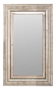 Hollywood Regency Mirror Form Jewelry Cabinet: Hollywood Regency Style Platinum Leaf and Antiqued Mirror Form Jewelry Cabinet, the frame carefully molded and faceted with mercury mirror panels, centering a clear mirror plate, opening to reveal a